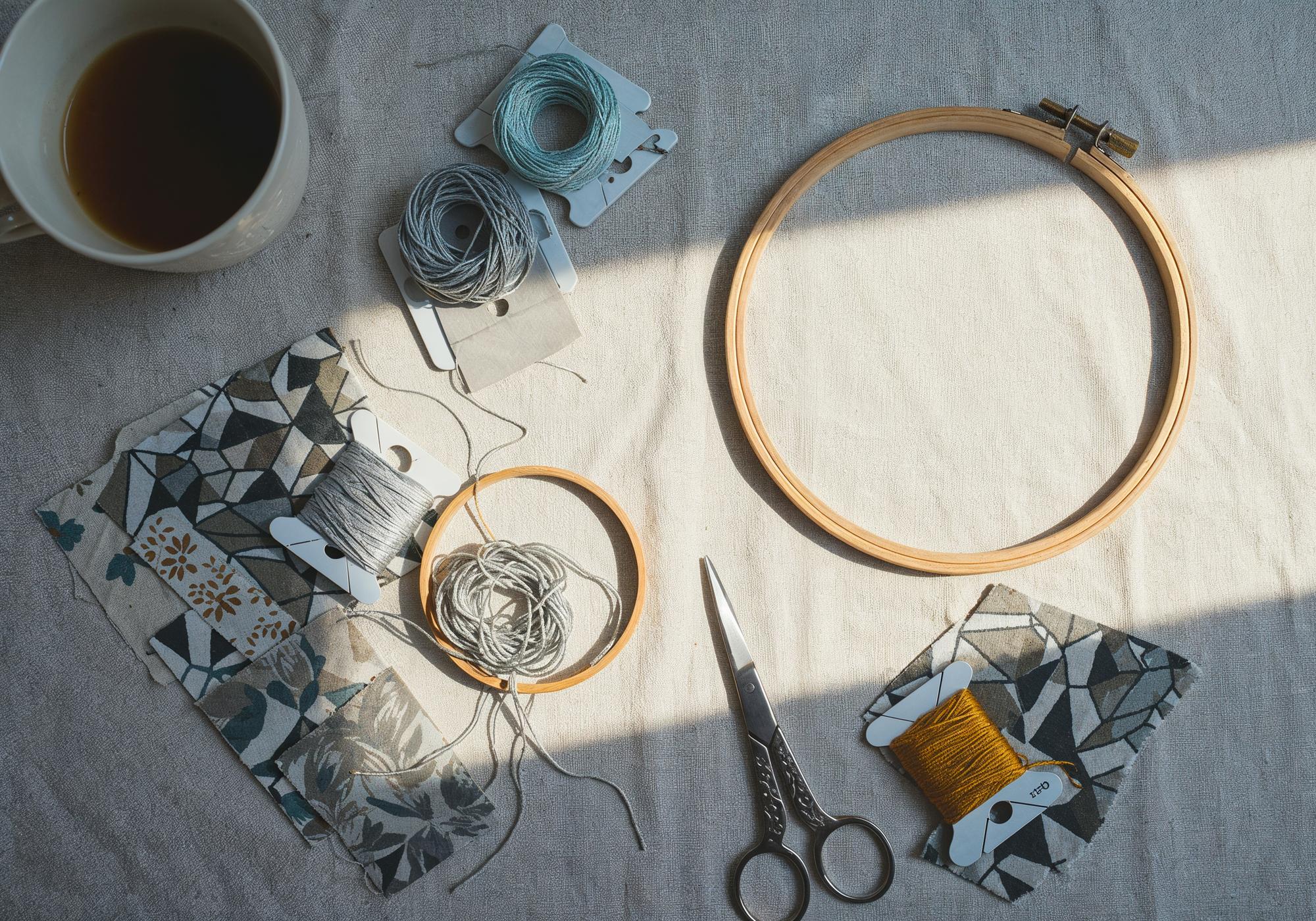 Studio workspace with hoops, threads and sketches on table