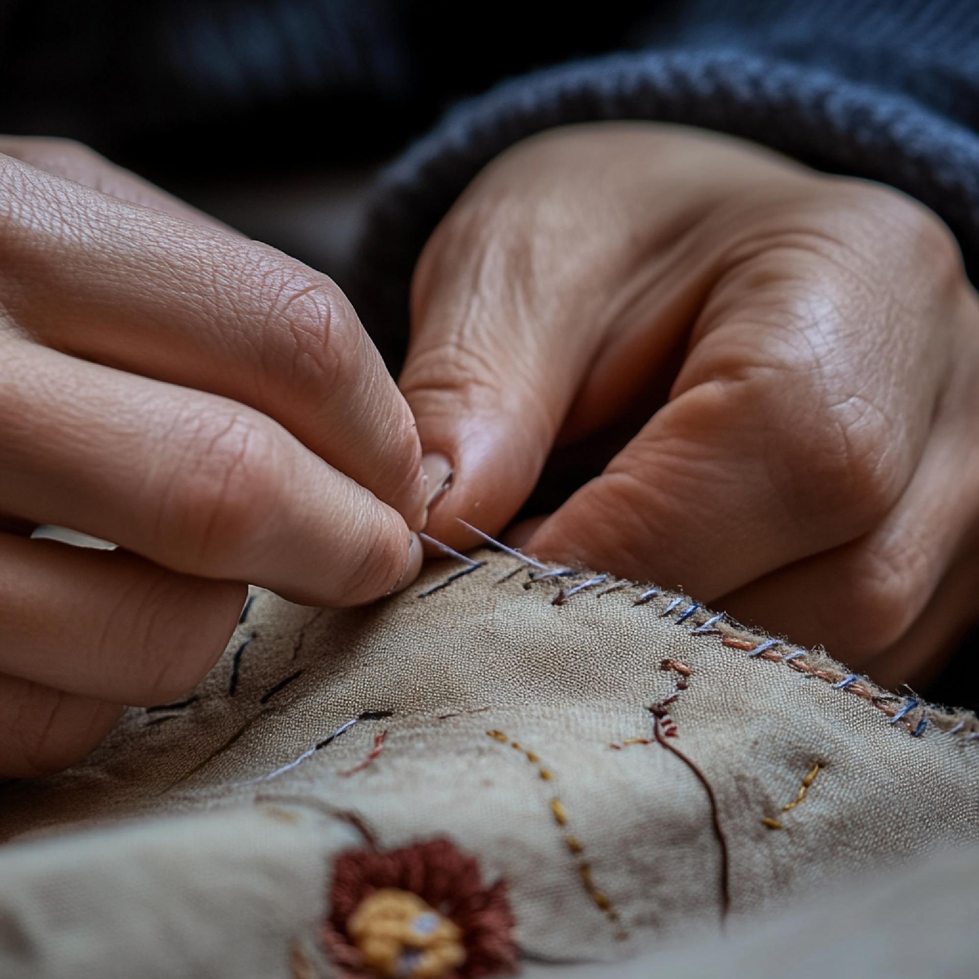 Hands stitching an embroidered crest on fabric